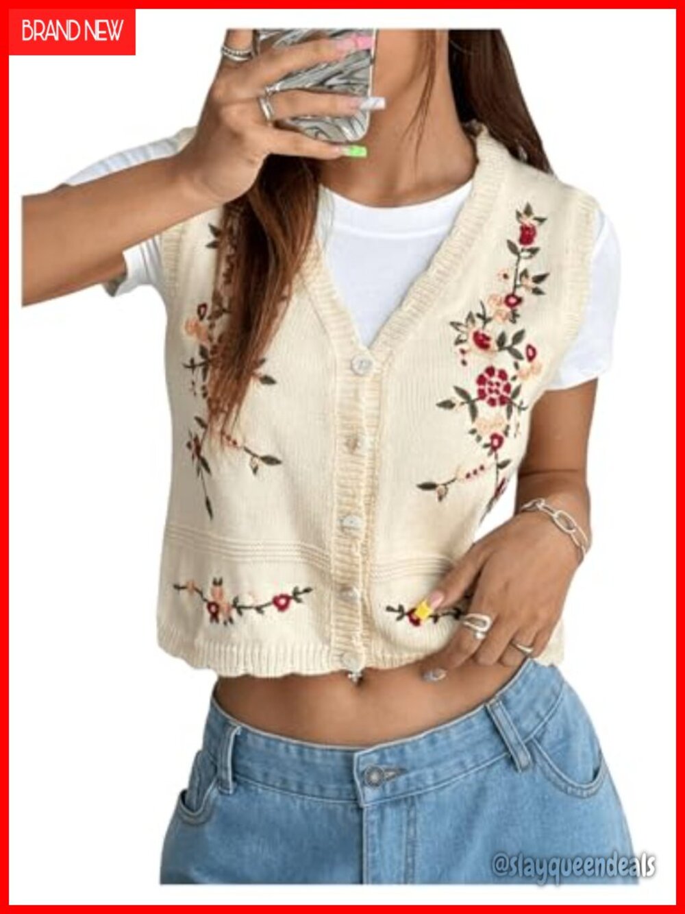 Flower Embroidered Boho Sweater Vest V-Neck Button Down Sleeveless Knit
